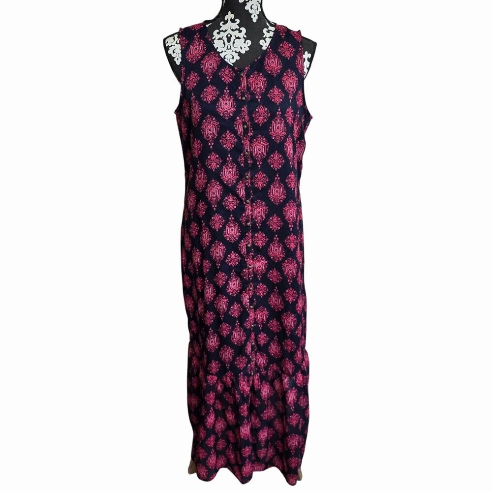 Lucky Brand M Womens Sleeveless Maxi Dress Navy & Pink Boho Print Button Down